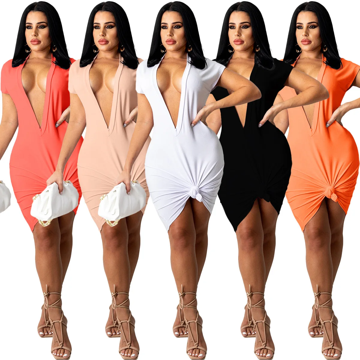 

Deep V Neck Sexy Bodycon Dress Women 2021 Short Sleeve Pleated Skinny Short Summer Dress Casual Mini Dress Vestidos