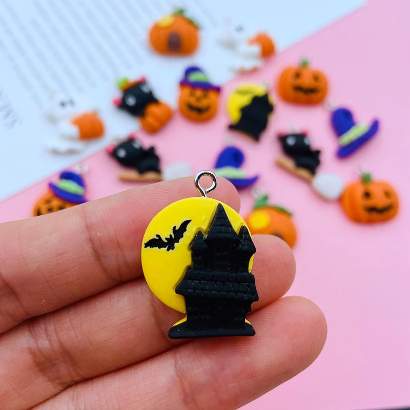 10pcs Newest Resin Cute Halloween Skull Charm Pumpkin Pendant for Phone, Keychain, Earring, Scrapbooking, DIY Making, Necklace