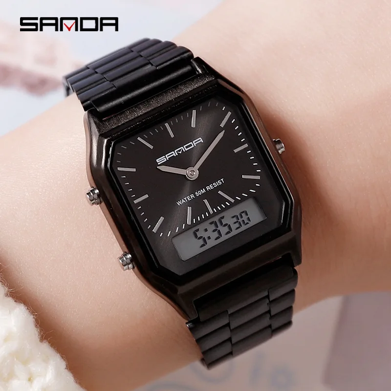 Fashion Sanda Brand Men Watches Retro Stainless Steel Band Digital Display erkek kol saati zegarek damski relogios Wristwatches