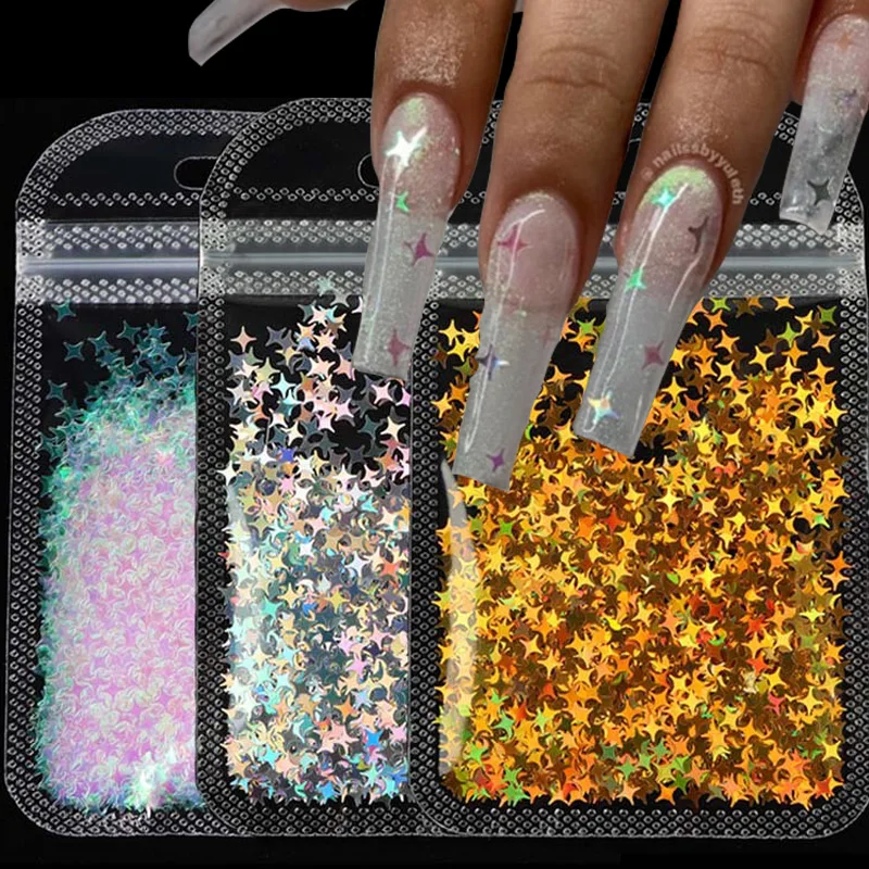 3D Holographic Nail Star Sequins Glitter Colored Four-pointed Stars Laser Nail Glitter Sequins Nail Art Decoration Accessories