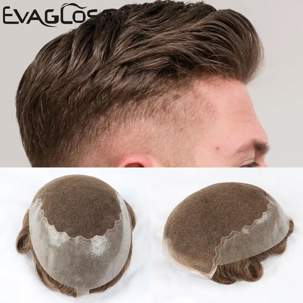 EVAGLOSS Mens Toupee Q6 Style Natural Hairline Real Indian Human Hair Men's Wig Hair Pieces Unit Hair Replacement System For Men