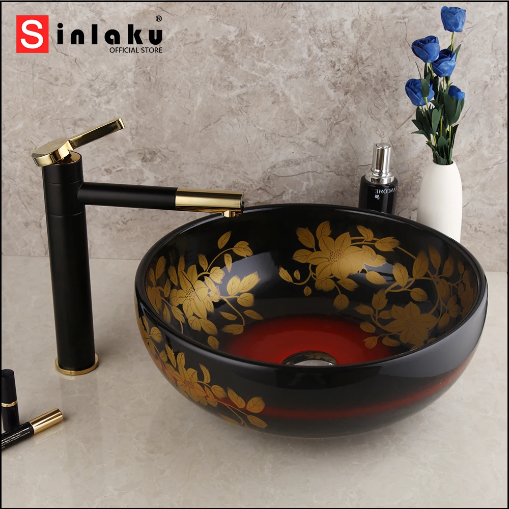 Black Ceramic Bathroom Washbasin Hand-Paint Bowl Sink Lavatory Basin Combine Black Painting Swivel Brass Faucet Mixer Tap