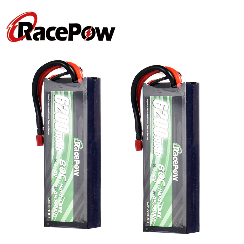 

RacePow 6200mAh 7.4V 80C RC Lipo Battery With T Deans Plug HardCase Lipo For Traxxas 1:10 RC Car Truck Tank Helicopter 2 units