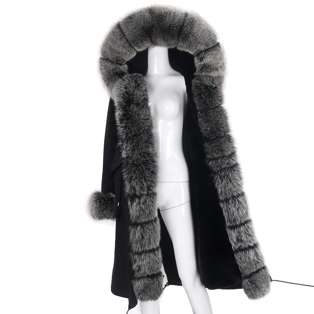 Vrouwen Mode Winter Jas Echt Bont Jas Grote Bont Natural Real Fox Bontkraag Losse X-Lange Parka Bovenkleding afneembare 2021