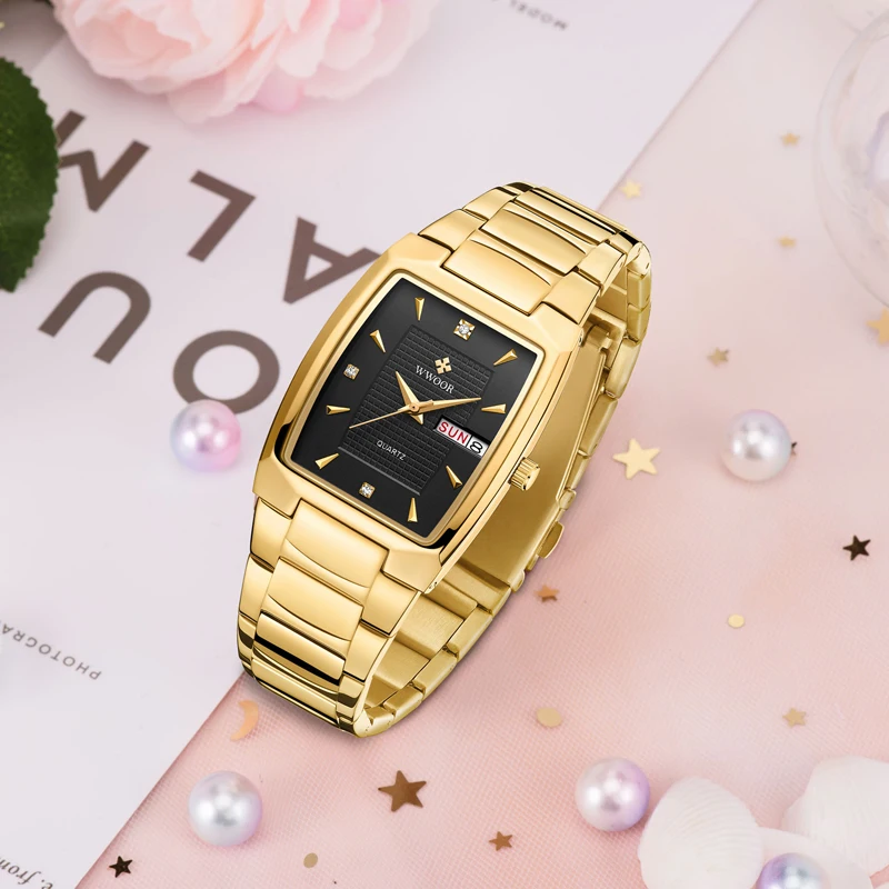 Japan Movement WWOOR Top Brand Luxury Women\'s Wristwatch Fashion Steel Gold Quartz Casual Ladies Square Watches Relogio Feminino