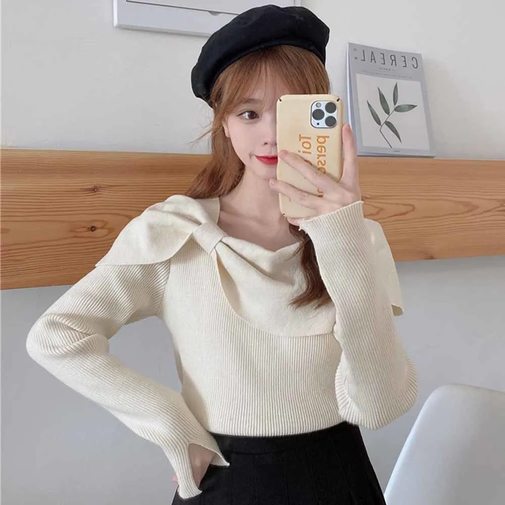 Korean Bowknot Slash Neck Women Slim Knitwear Solid Long Sleeve Knitted Tops 2021 Spring Femme Pull Jumpers