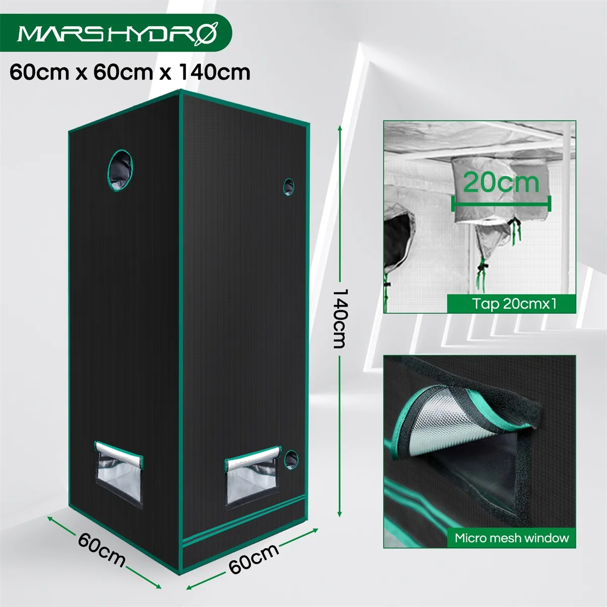 LED Grow Tent Box para Hidroponia Interior, à prova de água, Hut Diamante, Sala Mylar Reflective, Mars Hydro, 1680D, 60x60x140cm