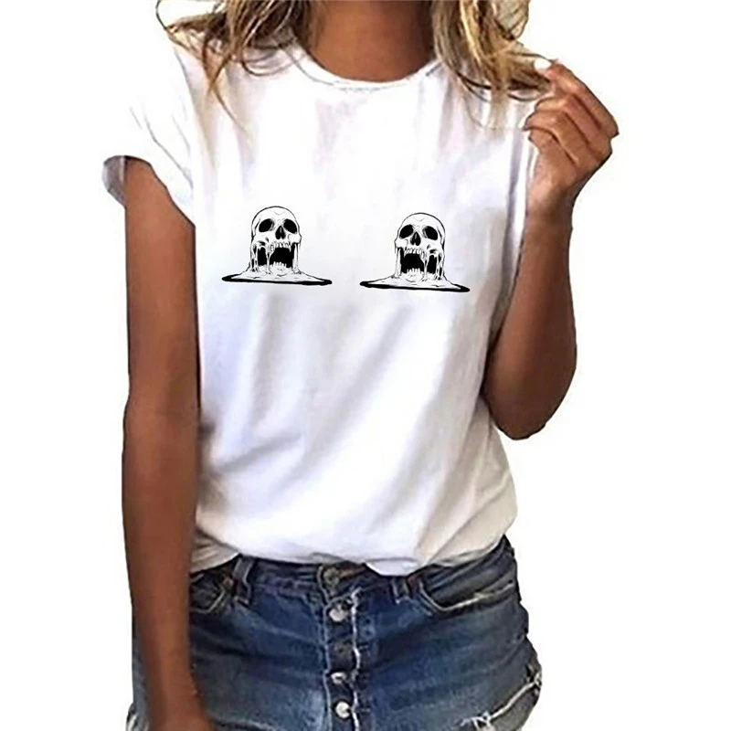 Women t shirt 2022 Summer Skull Middle Finger harajuku Print ladies Tshirts Short Sleeve Casual Streetwear Tee Shirt femme