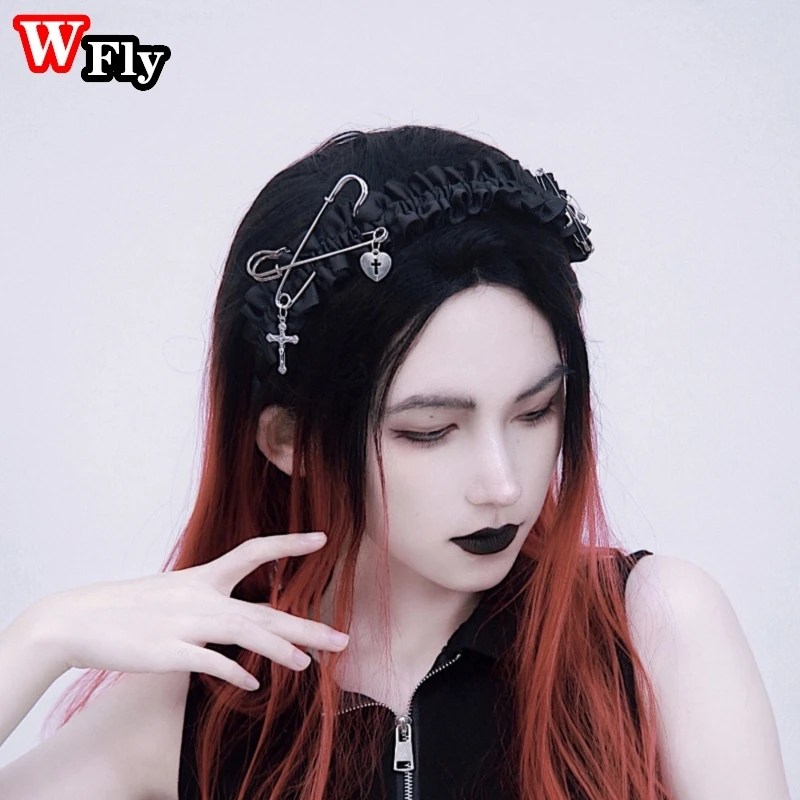 Handmade Women Girls Punk Cross Pin Pleated Ruffle Hair hoop KC Harajuku Gothic Lolita Y2K GITL Hairbands Hair Accessories