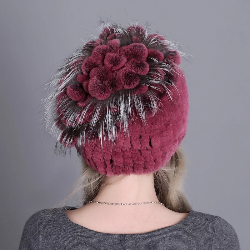 Winter Women\'s Warm Fashion Beanie Knitted Hat Real Rex Rabbit Fur Hat Knitted With Side Flower Russia Hat 2022 New