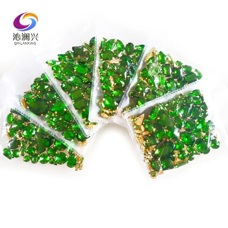 Mixed 58Pcs Top Grade Crystal Galss Sewing Rhinestones, Gold Bottom Grass Green Sew on Stones, DIY Clothing Accessories