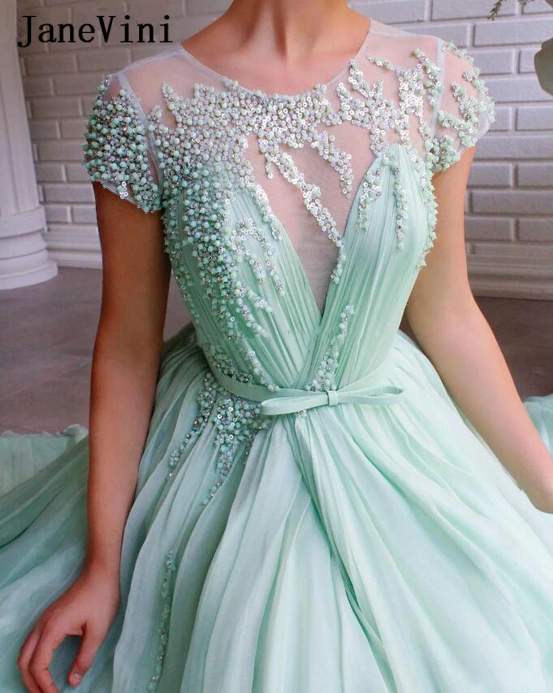 JaneVini Mint Green Sexy Prom Dress with Sleeves 2022 Luxury Beaded Pearls Tulle Robe Side Slit Long Dresses for Women Plus Size