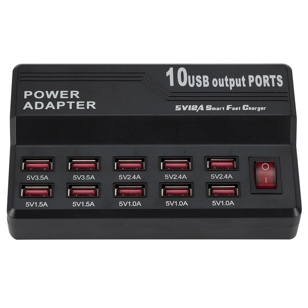 Multiple joints USB Fast Charge HUB 10 Ports 12A Smart Charging Station USB Charger Good Quality  Convenient and  Power Cable