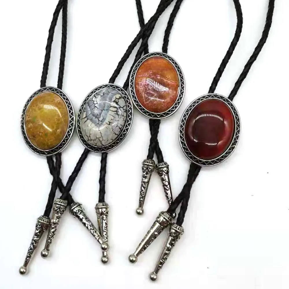 Oval agate natural stone BOLO tie men's new high-end wedding accessories Leather rope