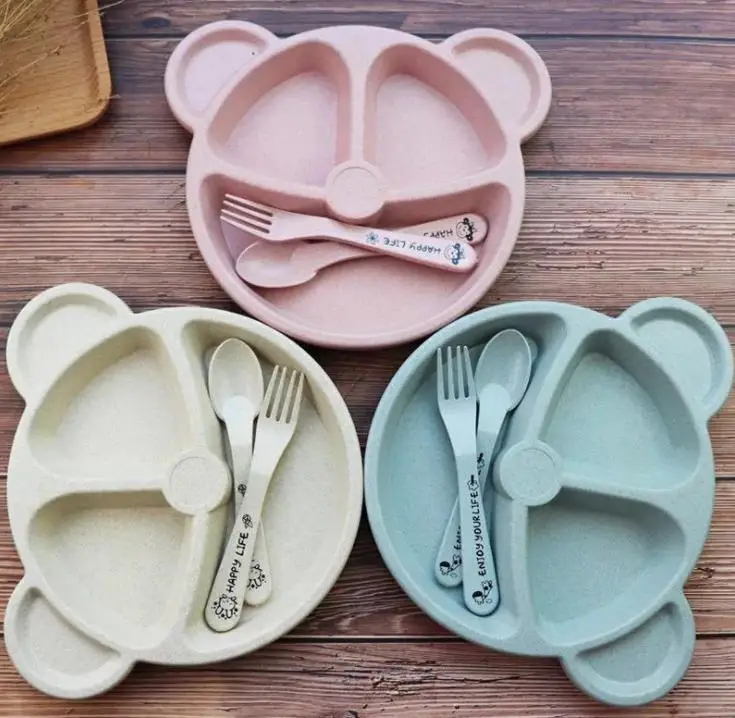 

100set Baby bowl+spoon+fork Feeding Food Tableware Cartoon Bear Kids Dishes Eating Dinnerware Anti-hot Training Dinner Plate SN