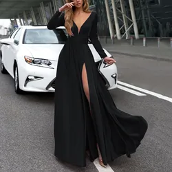 Women Elegant Party Evening Maxi Dress Casual Ladies Off Shoulder V Neck Long Sleeve High Waist Floor Length Split Long Dress