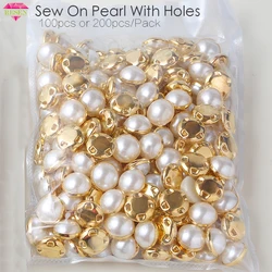 RESEN 6mm 8mm, 10mm, 12mm Sew On Pearls For Dresses With Claw Gold/Silver Claw Rhinestones Round Pearl Button Sew On Stones