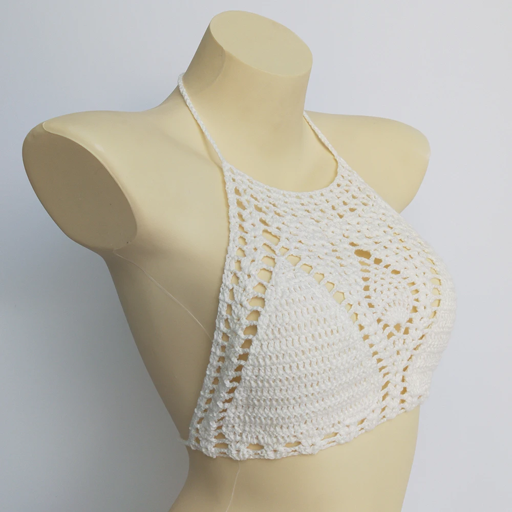 Have Lining White Sexy Crochet Bikini Top Women\'s Swimsuit Push Up Bra Hollow Out Halter Knitted Bikini Top