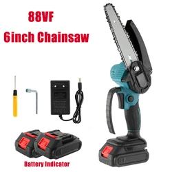 1200W 6 Inch 88V Mini Electric Pruning Chain Saw Battery Indicator Woodworking Chainsaw Garden Logging Cutter Tool Rechargeable