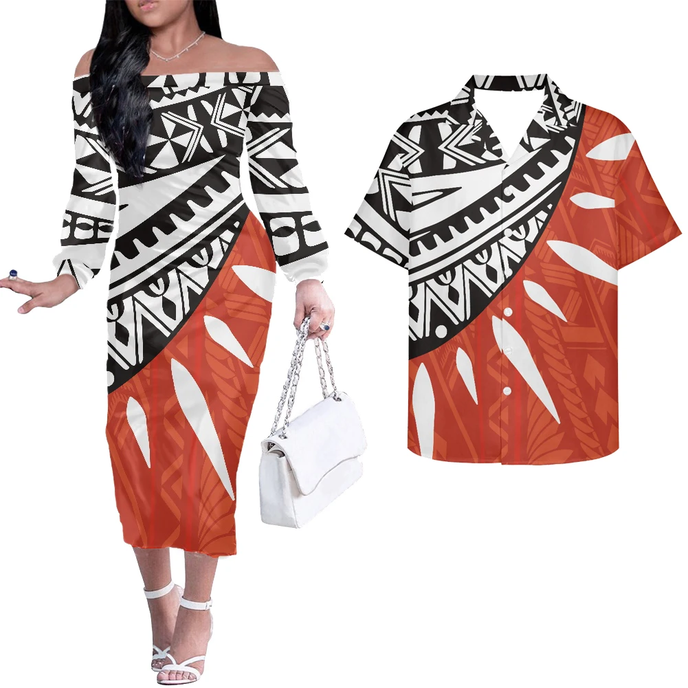 

Hycool Couple Shirt Dress Set Polynesian Tribal Hawaii Floral Pattern Off Shoulder Long Sleeve Cute Clothes For Woman Dropship