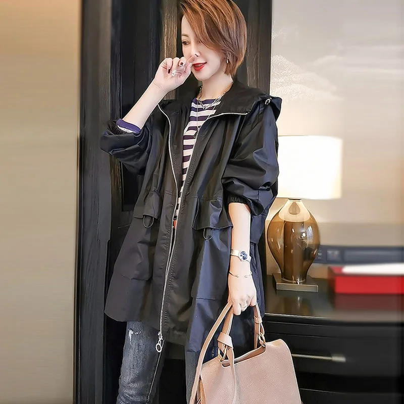 New Women's Long Cotton Trench Coat Spring Autumn Korean Loose Casual Tooling Overcoat Hooded Windbreaker Abrigo Mujer