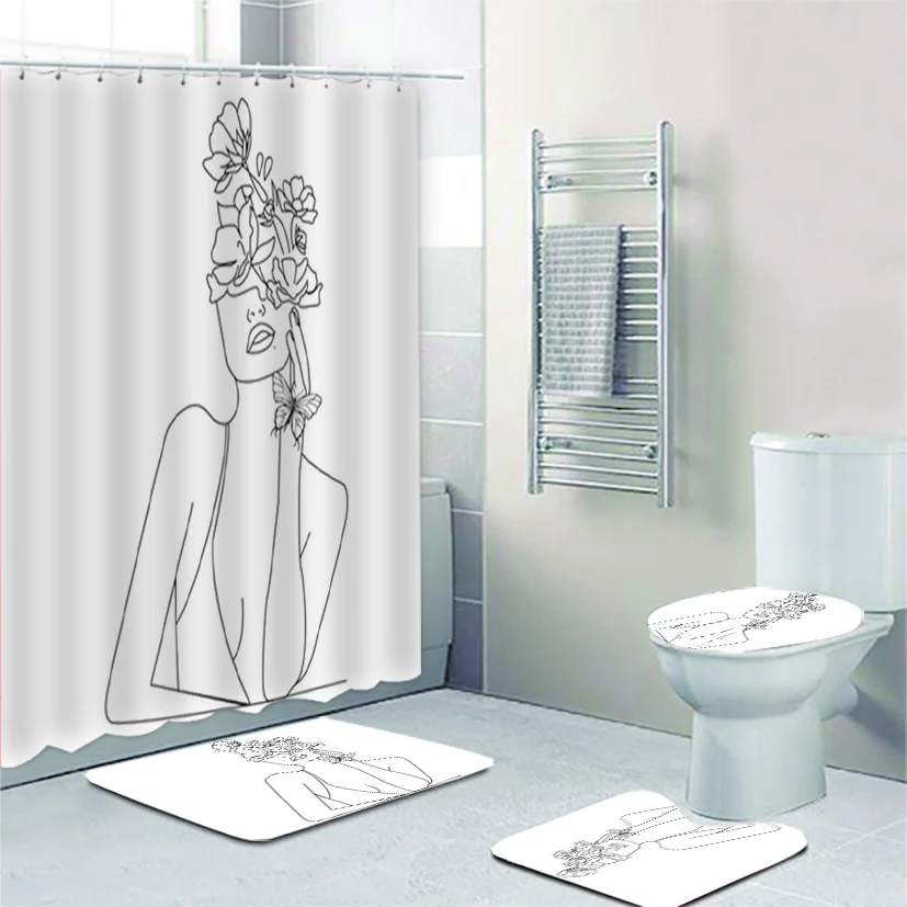 Modern Abstract Line Art Girl Woman Shower Curtain and Bath Rugs Set Minimalist Sketch Outline Drawing Toilet Accessories Decor