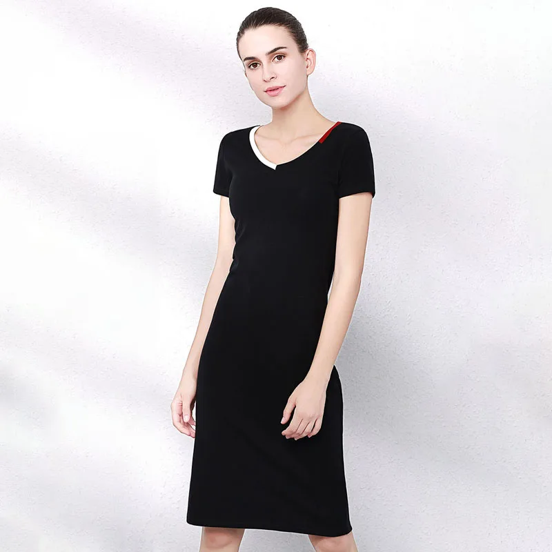 Woman Summer Dress Short Sleeve O-neck Woman's Clothing  Black Mid-Cafe Pullover Lady Dresses