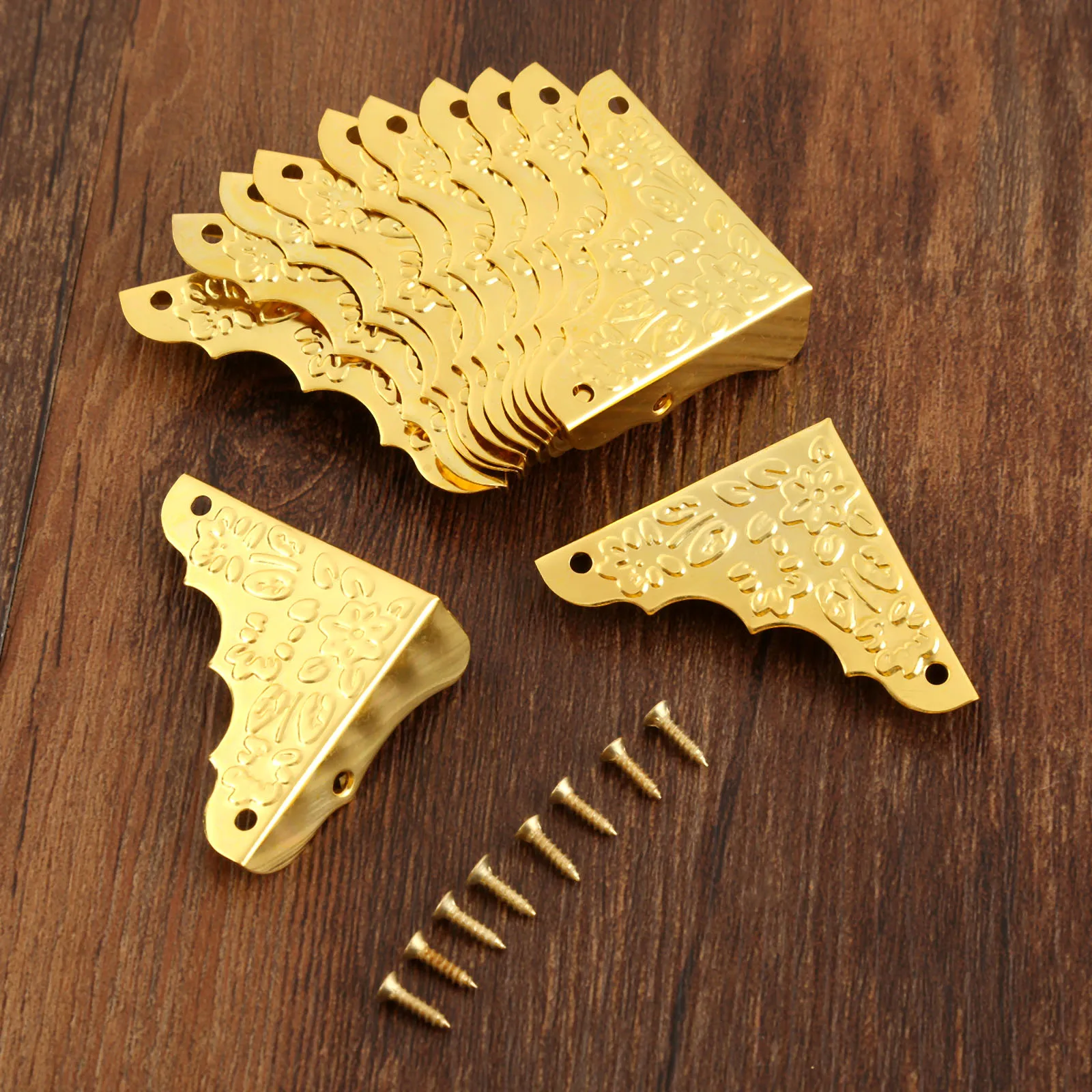 12pcs Golden Corners 37mm Iron Protectors + 48 screws Floral Pattern Old Chinese Lace Triangle Caved Book Scrapbook Album Menu