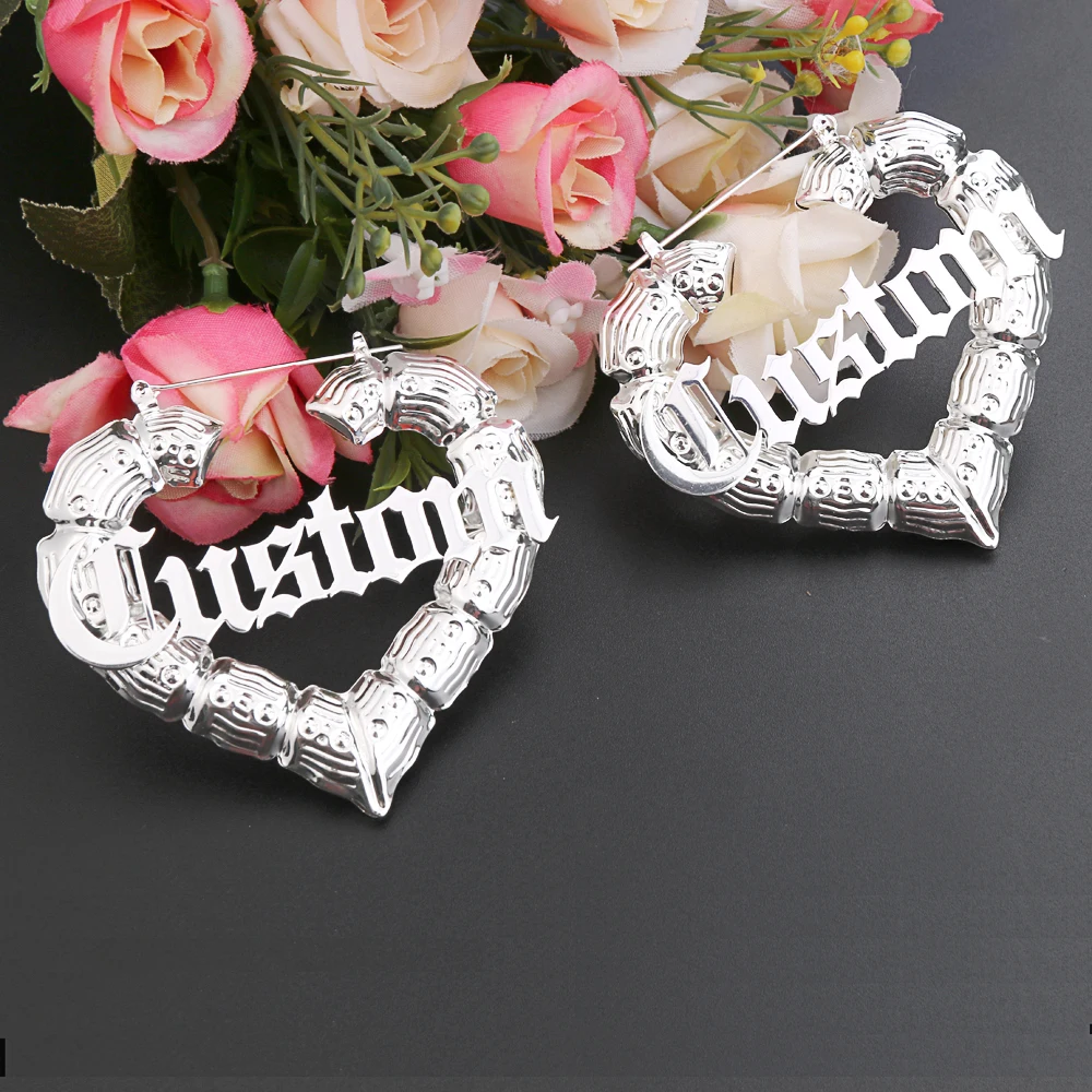 Lateefah Fine Earrings Heart Shape Hiphop Sexy Bamboo Custom Personlized Name Heart Hoop Earrings  Jewlry Name Earrings