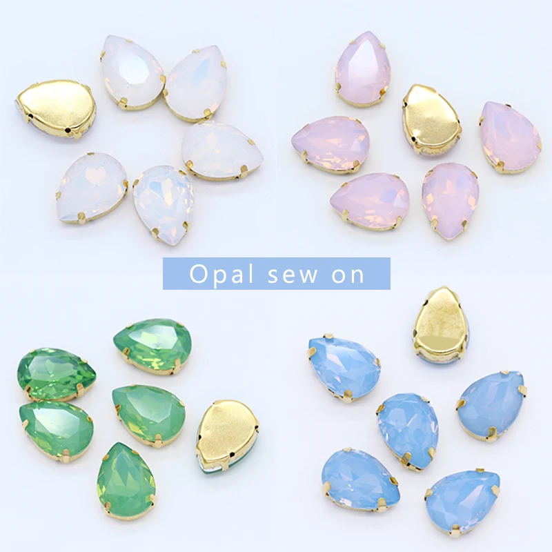 All size Teardrop Gold Claw Sew on glass Button white/green/pink opal sewing Flatback Crystal Rhinestone jewels bead for Garment