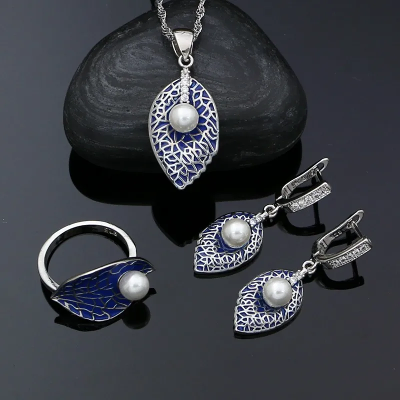 

925 Silver Jewelry Set for Women Blue Enamel Pearl Crystal Leaf Earrings Pendant Necklace Ring for Woman Birthday Present