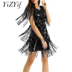 Women Summer Dancing Sequin Dress Sparkling Sequins Tassels Dresses Fringe Femme Latin Dance Dress Samba Tango Sexy Rave Outfits