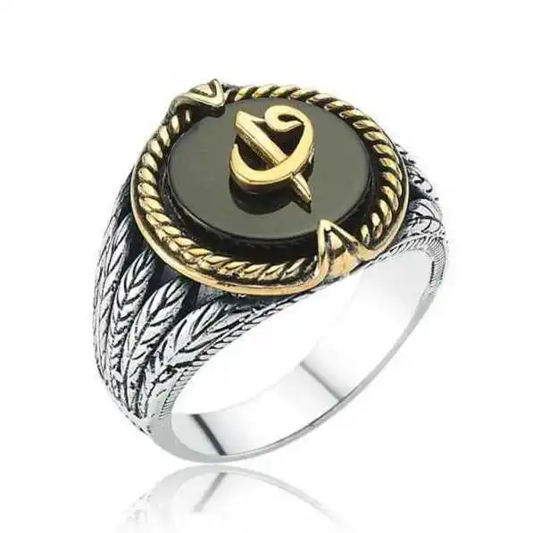 Silver Black Stone Elif Vav Men's Ring - 925 Sterling Men's Jewelry Wedding Birthday Gift - Box - Man - Fashion - Botiva - Size - Turkish - Patterned Embroidery