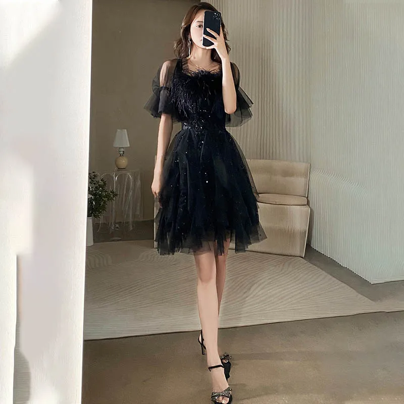 

Black Prom Gowns Sequins Short Sleeves A-Line Luxurious Square Collar Knee-Length Plus size Customized Woman Party Dress A1904