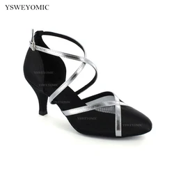 Black Latin Ballroom Dance Shoes Women Medium Low Heel 6cm 7cm Practice Ballroom Dance Shoes Closed Toe in Suede Outsole