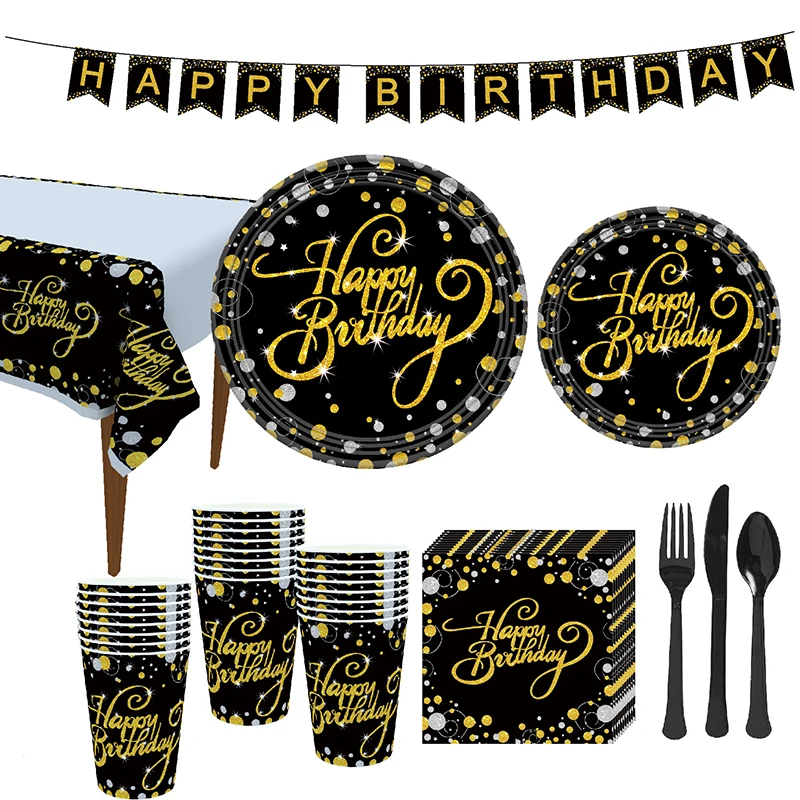 Gold Black Happy Birthday Banner Disposable Tableware Paper Cups Plates Napkins Anniversary Birthday Party Decoration Supplies