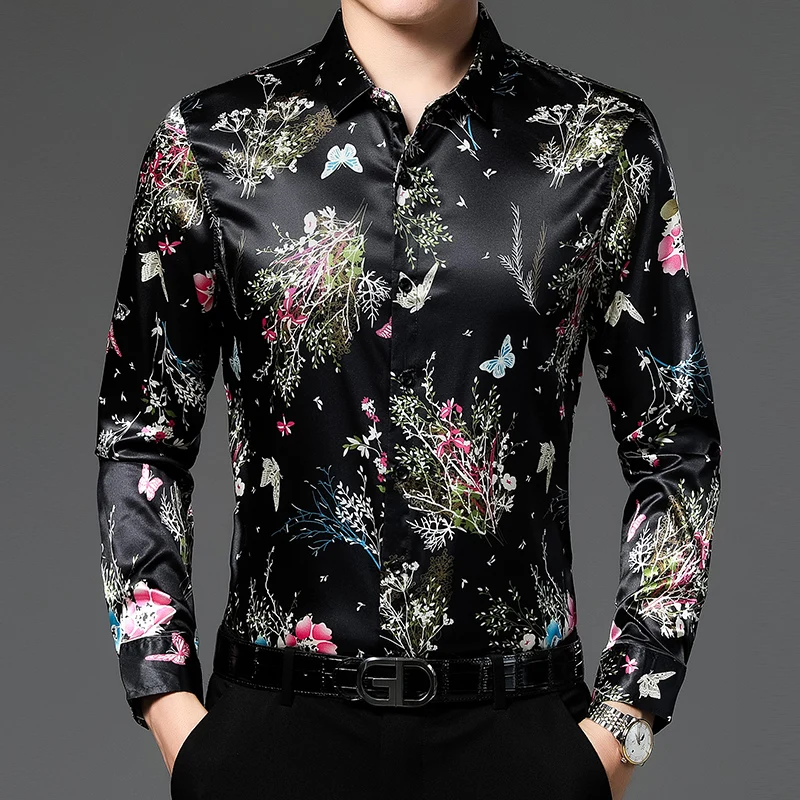 Men's Flowers Printing Silk Clothes 2022 Spring Long Sleeve Fashion Streetwear Satin Silk Shirt Male Floral Printed Dress Shirts