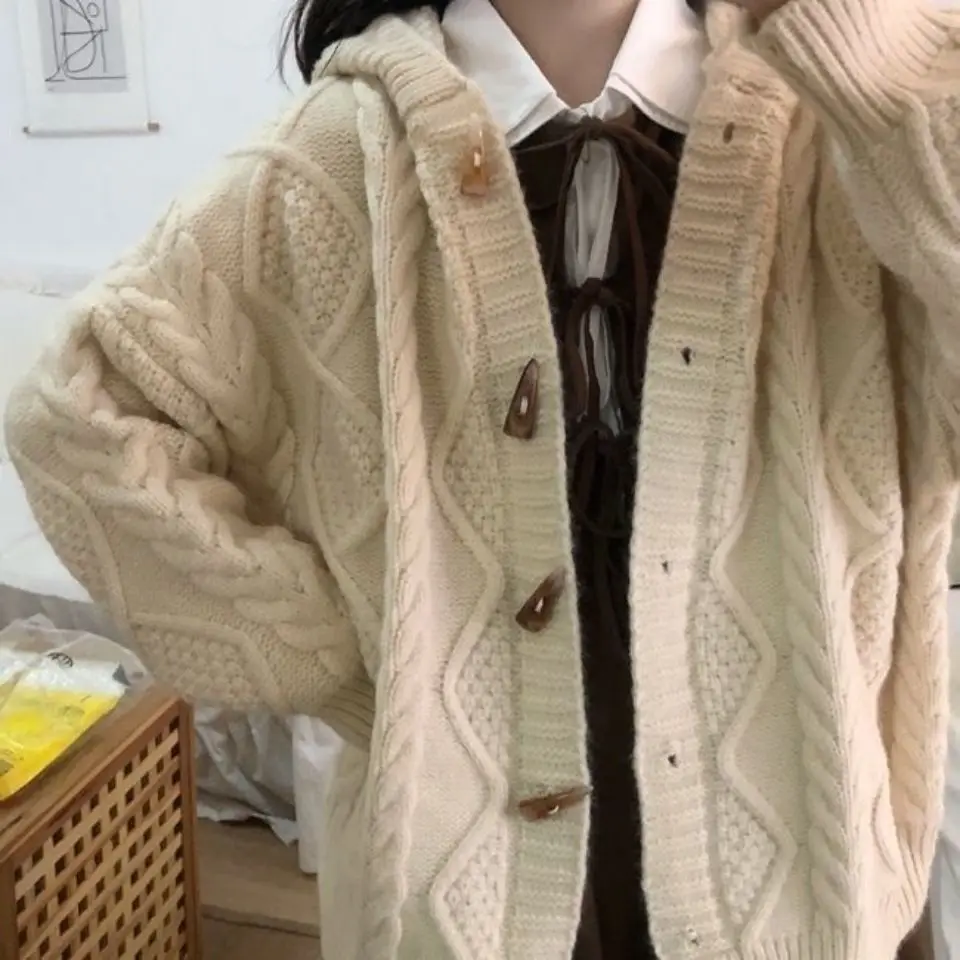 Kawaii Hooded Cardigans Japanese Style Single Breasted Buckles Vintage Solid Spring Autumn Outwear Sweet All Match Teens Casual