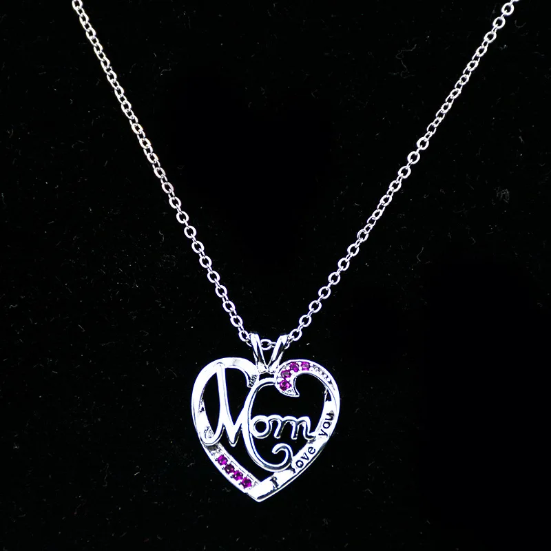 S925 Solid Sterling Silver Pendant Necklace Women I Love You MOM Heart Crystal Necklace for Mother\'s Day Gift Christmas Jewelry
