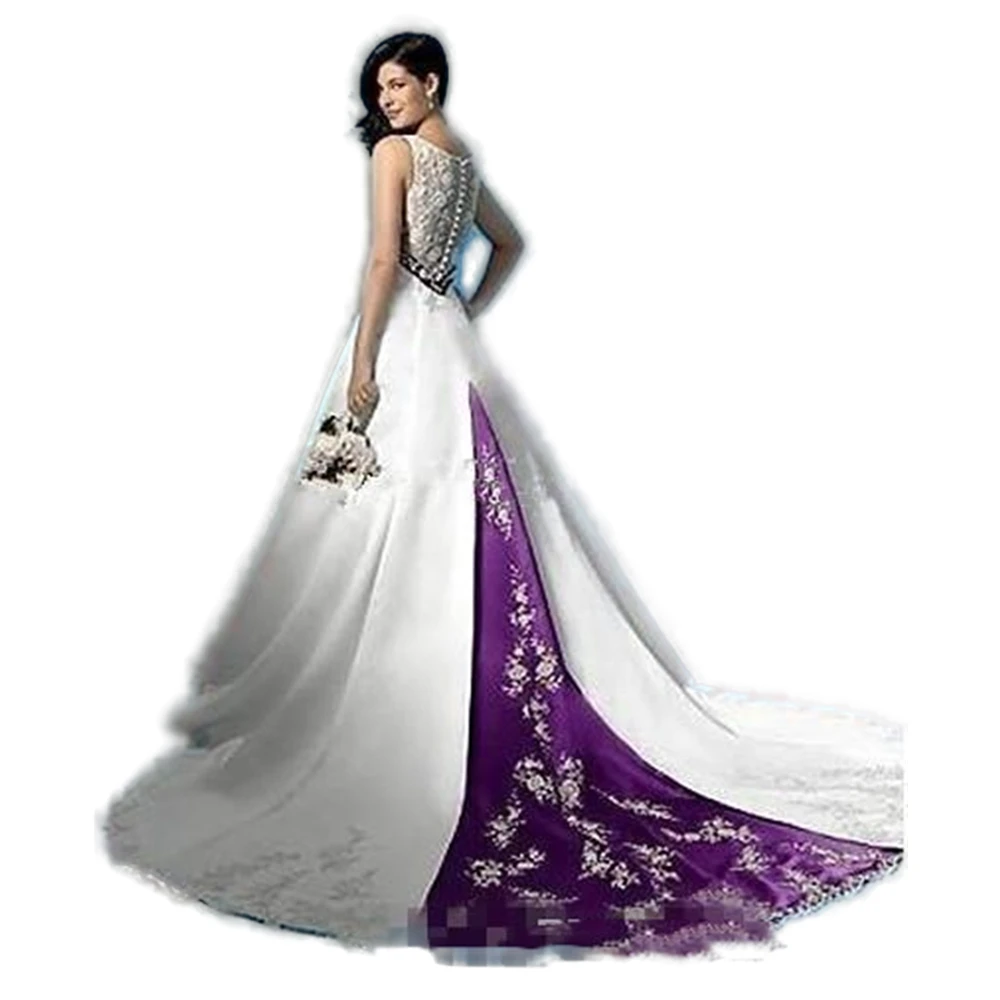 White And Purple Wedding Dress A Line V Neck Sleeveless Long Satin Bridal Gowns Empire Waist Customized Country Robe De Mariee