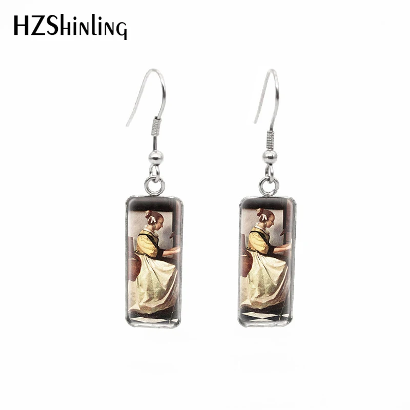 2019 New Johannes Vermeer Paintings Fish Hook Earring Girl Wearing Pearl Oil Painting Rectangular Earrings Glass Jewelry