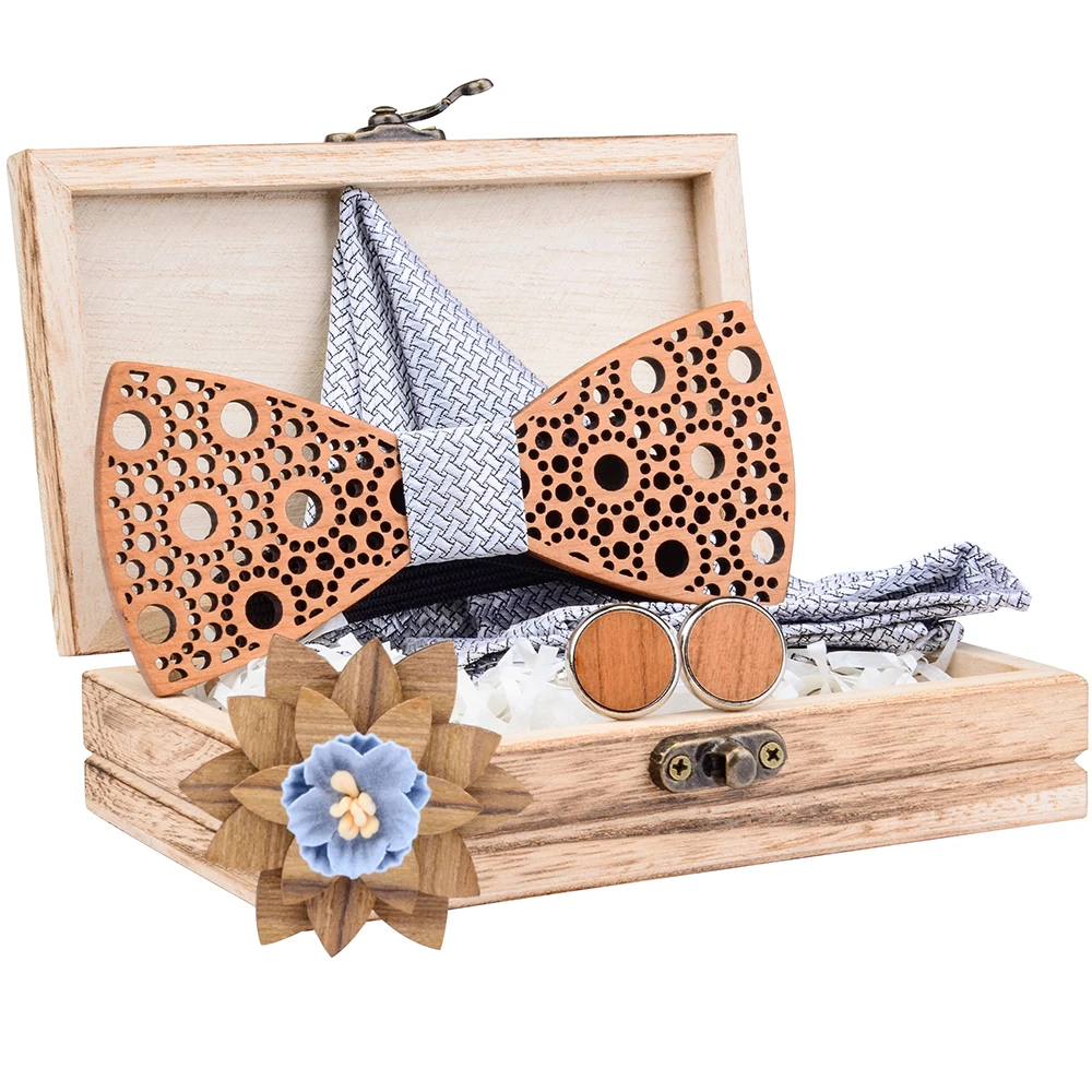 Mens Floral Wooden Bow Tie Set Silk Pocket Square Handkerchief Cuff Brooch Set With Wood Box For Wedding Christmas Gift Neck Tie