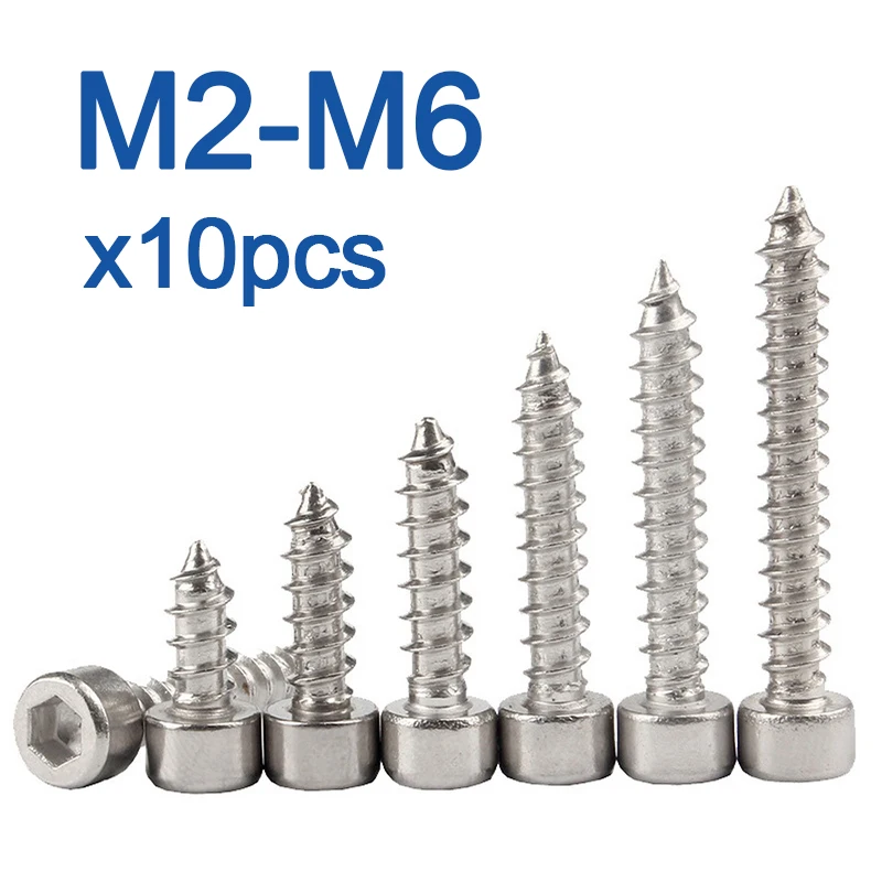 10pcs/lot M2 M2.6 M3 M4 M5 M6 Hex Hexagon Socket Cap Head Self Tapping Screw Grade 8.8 Nickel Plated Carbon Steel Allen Head