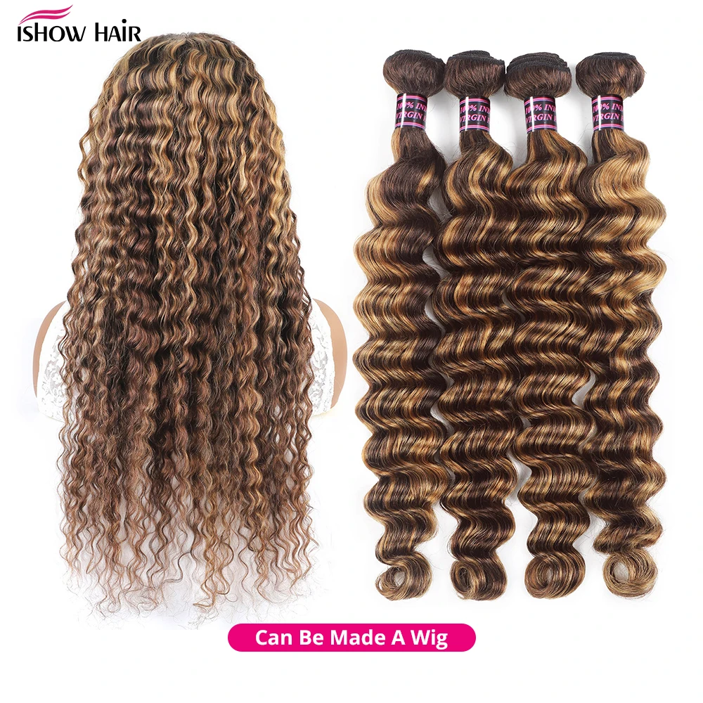 Ishow Brazilian Highlight Loose Deep Wave Bundles 4/27 Honey Blonde Human Remy Hair Extensions 1 3 4 PCS Ombre Hair For Women