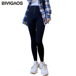 BIVIGAOS Breasted Waist Trainer Sharkskin Leggings Women High Waist Shaper Elastic Skinny Leggings Black Slim Sexy Leggings