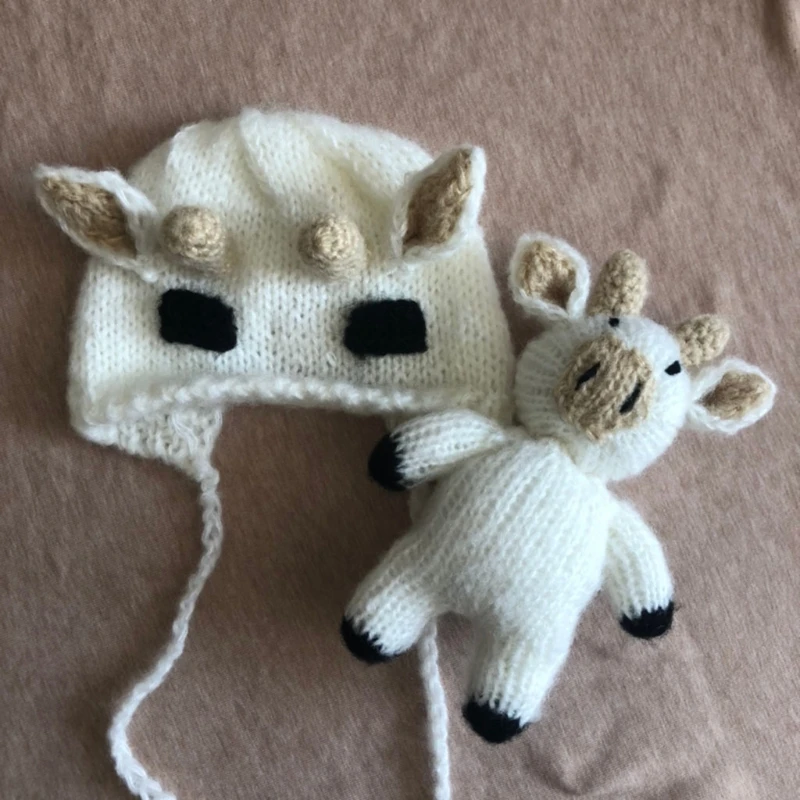 Newborn Infant Photography Prop Crochet Knitted Beanie Hat with Stuffed Animal Cow Doll Toy Set Baby Clothes Costume