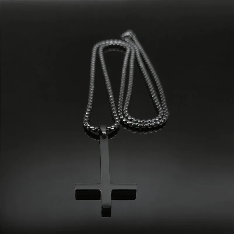 Stainless Steel Upside Down Cross Witchcraft Pagan Necklace Inverted Cross Black Chain Necklace Jewelry cruz invertida N8374S03