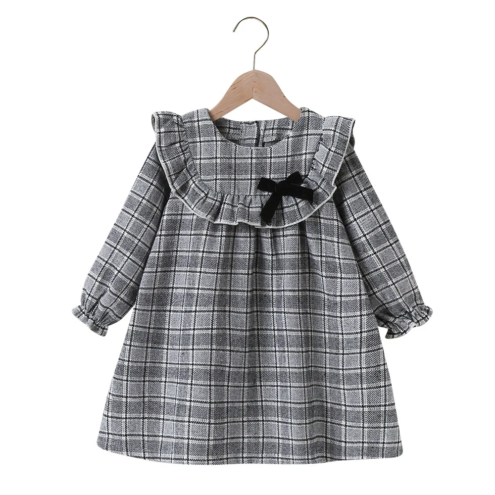 Autumn Winter 2022 New Arrivals Girls Cute Dresses Long Sleeve Gray Plaid Black Bow Cute Sweet Baby Dress Vestidos 18M-6T