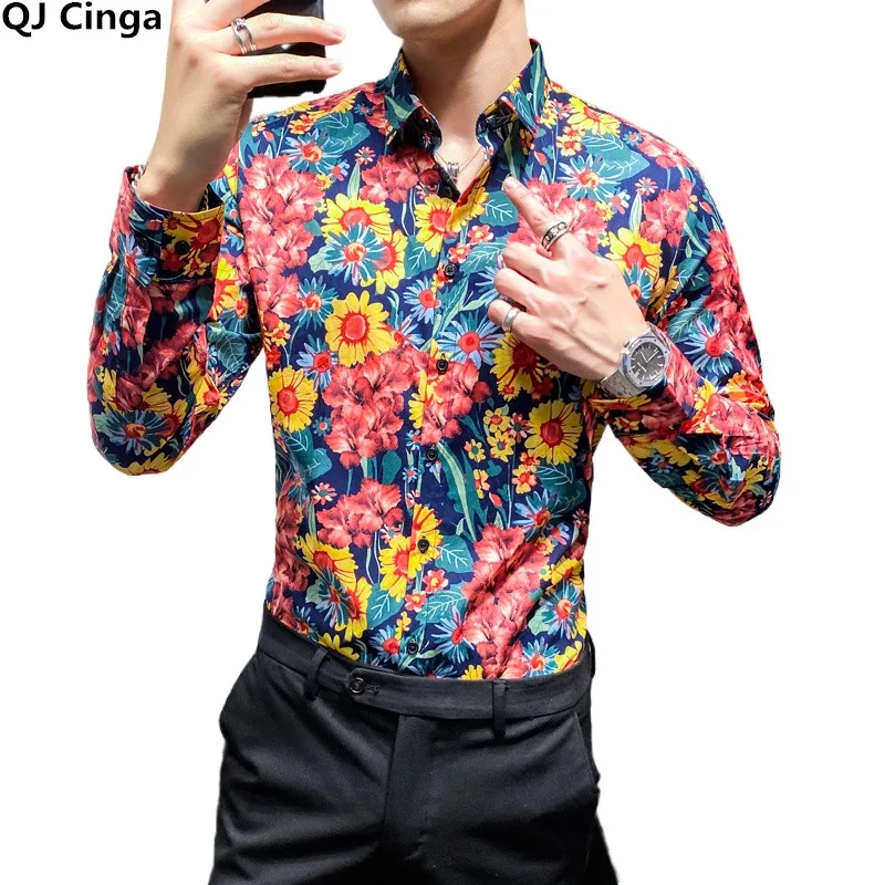 Single Breasted Lapel Printed Shirt Men Long Sleeved Fashion Slim Cotton Shirts Hawaiian Beach Top Camisa Big Size S-4XL 5XL