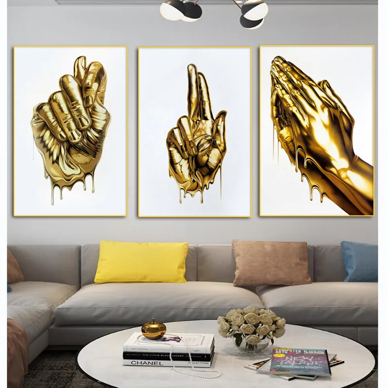 Golden Finger Gesture Statue Art Canvas Painting Abstract Nordic Posters and Prints Wall Art Picture for Living Room Decor